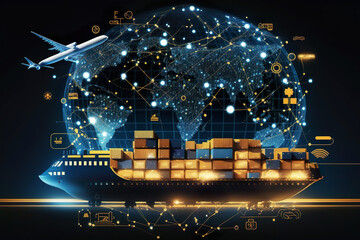 Transport, water, air, road. Shipping plans and tracking your shipment to see where it's going. Technology with direct logistics delivery worldwide. AI generated illustration.