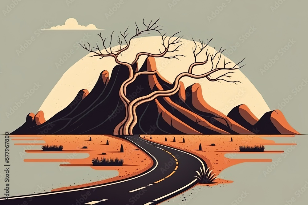 Poster empty path going to a lone tree growing in the rocky background of a mountain. generative ai