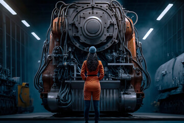 female mechanic in front of train machinery, concept equality generate by AI