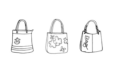 Hand-drawn ladies bag doodle set, isolated on white background
