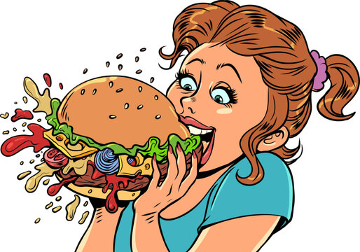 Fast food consumption. The pleasure of a fast food burger. The girl eats with joy an appetizing burger.