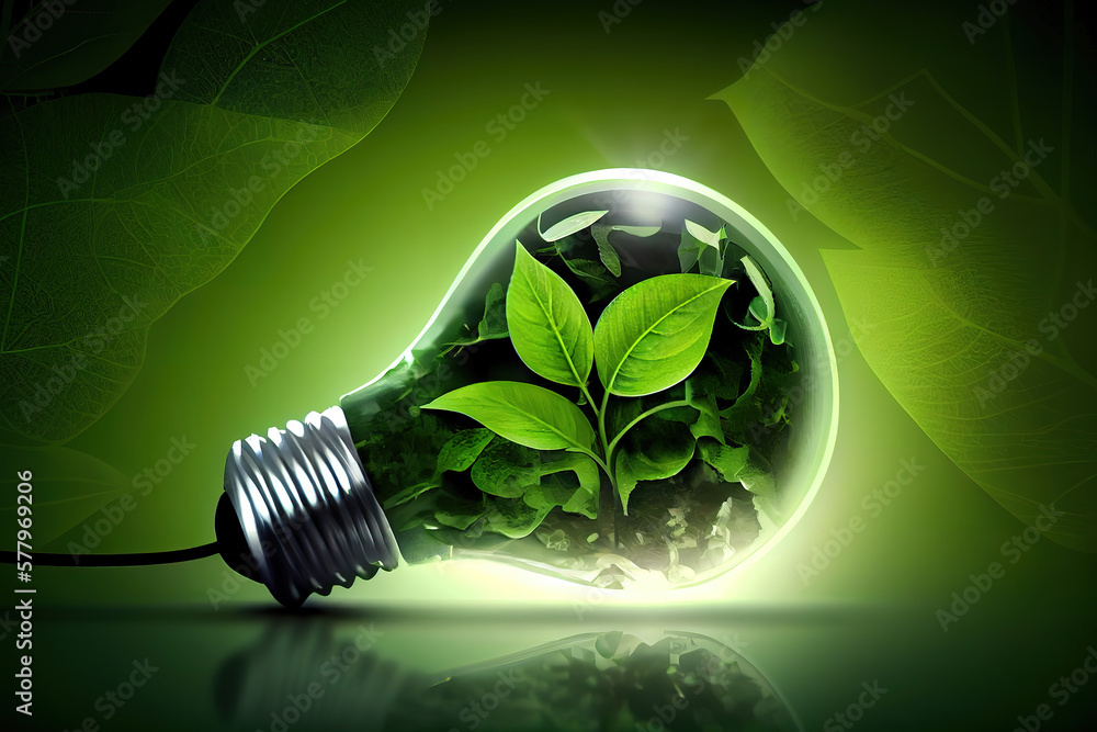 Poster tree growing in a light bulb floating on the water. generative ai