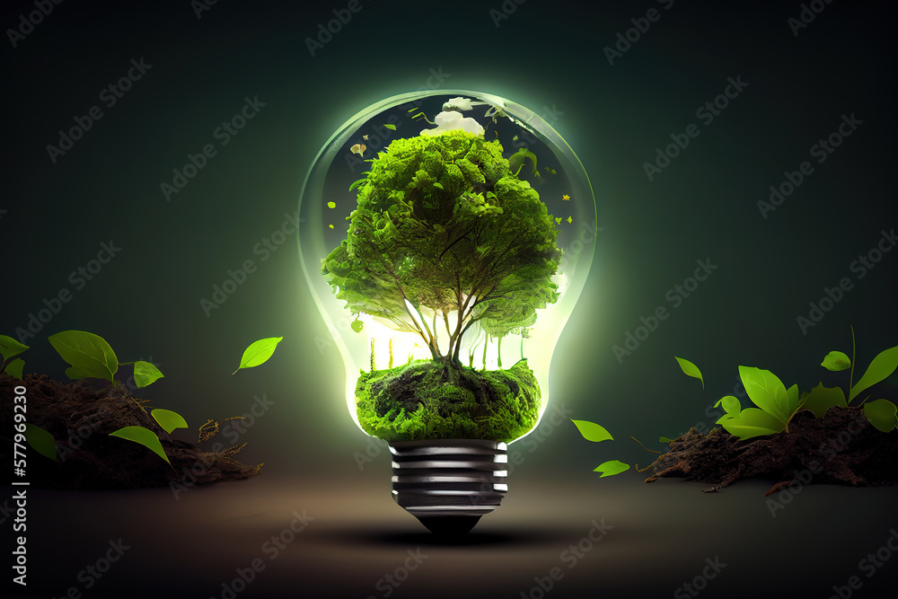 Poster tree growing in a light bulb floating on the water. generative ai