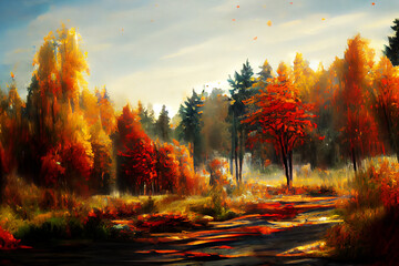 Fototapeta na wymiar Autumn forest in bright orange colors. Imitation of oil painting. AI-generated