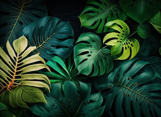 Seamless and abstract green background of tropical leaves. Generative AI.