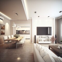 Fototapeta premium Architectural photography of a modern livingroom. Modern style interior design idea. Generative AI
