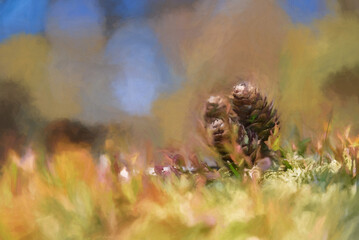 Digital painting of young conifer pine cone shoots isolated in a natural environment.