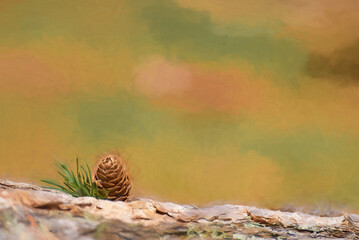 Digital painting of young conifer pine cone shoots isolated in a natural environment.