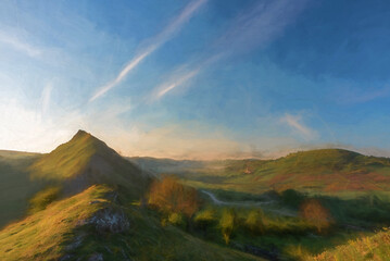 Digital painting of sunrise on Parkhouse Hill and Chrome Hill in the Peak District National Park.