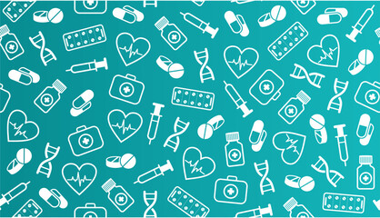 Seamless medical background in vector. Pills, stethoscope, syringe, heartbeat isolated on a blue background. Medical icons drawn in vector. Healthcare background. Innovative medicine