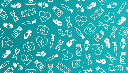 Seamless medical background in vector. Pills, stethoscope, syringe, heartbeat isolated on a blue background. Medical icons drawn in vector. Healthcare background. Innovative medicine
