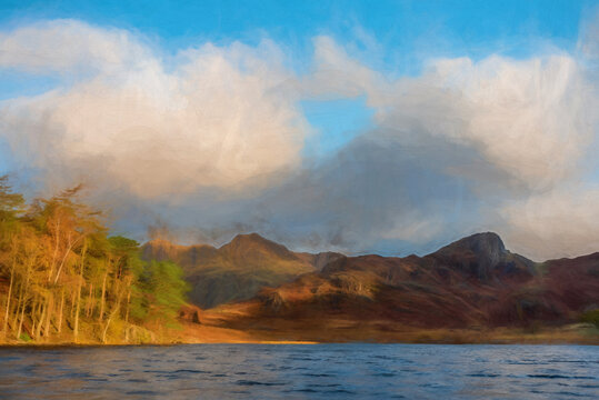 Digital painting of Blea Tarn in the English Lake District with views of the Langdale Pikes, and Side Pike during autumn.