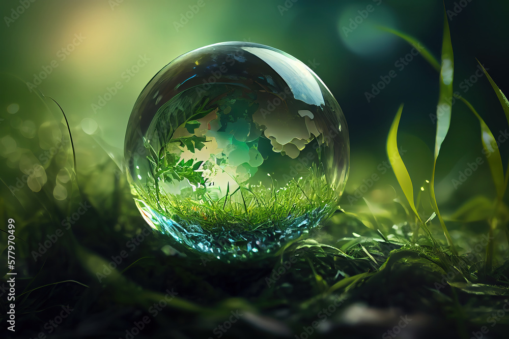Poster the world is in the grass of the green bokeh background. generative ai