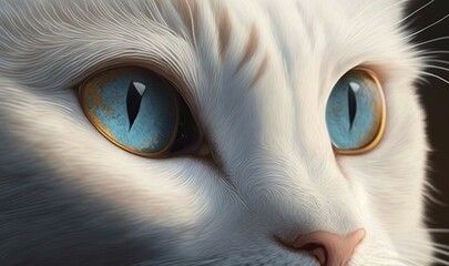  a close up of a white cat's face with blue eyes.  generative ai