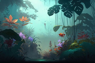 Obraz na płótnie Canvas Colorful jungle with flowers and mist