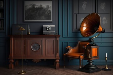 A gramophone on wooden cabinet and black chair ,Generative AI