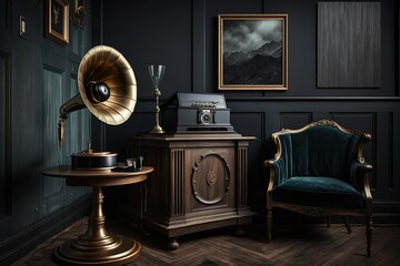 A gramophone on wooden cabinet and black chair ,Generative AI