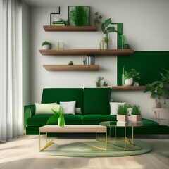 3d realistic render of a living room minimalist, sunny, simple, natural wood floating shelves, emerald green coach, golden tables - generative ai