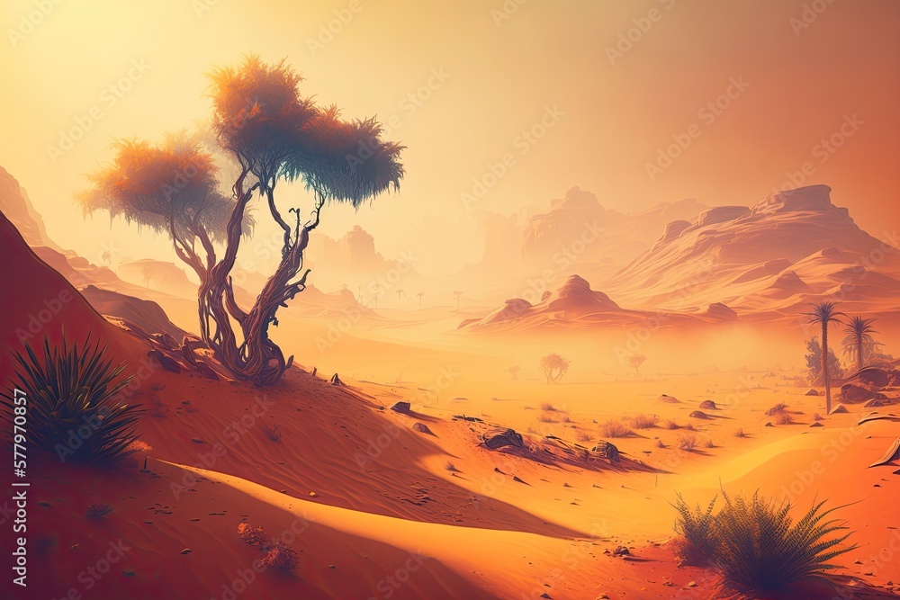 Wall mural colorful dusty desert with oasis