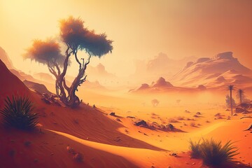 Colorful dusty desert with oasis
