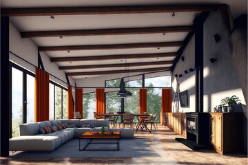 Fototapeta premium Architectural photography of a modern livingroom. Modern style interior design idea. Generative AI