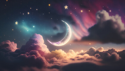 Naklejka na ściany i meble Colorful islamic ramadan greetings background with crescent moon over clouds