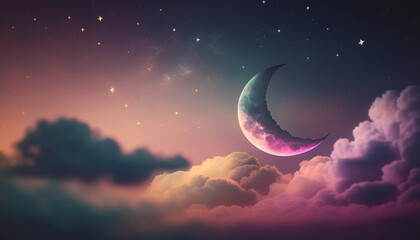 Obraz na płótnie Canvas Colorful islamic ramadan greetings background with crescent moon over clouds