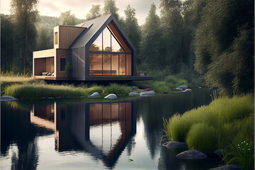 A modern house built next to a lake surrounded by trees and mountains, scenery, generative ai