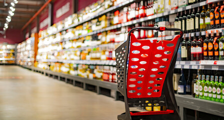 A shopping cart with grocery products in a supermarket
