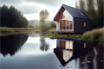 A modern house built next to a lake surrounded by trees and mountains, scenery, generative ai