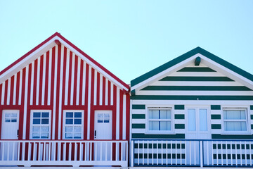 Costa Nova, Portugal: colorful striped houses called Palheiros. Costa Nova is a beach village...