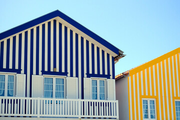 Costa Nova, Portugal: colorful striped houses called Palheiros. Costa Nova is a beach village...