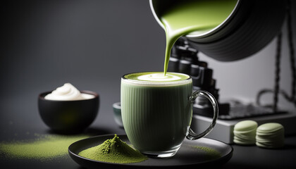 green Japanese matcha tea with milk .The drink is poured into a glass , creating a splash and splashes .Generative AI