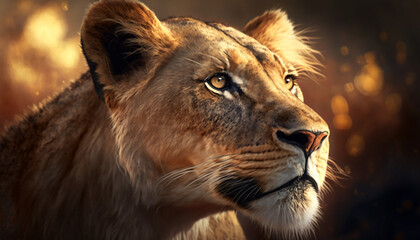 Fototapeta na wymiar Portrait of a female lioness in Africa. Beautiful safari animal and family photos, wallpaper, poster created with help of generative ai.