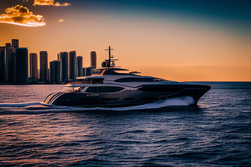 Yacht in sea against the backdrop of skyscrapers buildings in Miami. Yacht motorboat in sea on sunset.  Yachting sport in Florida. Super yacht in ocean, Ai Generated Illustration. - obrazy, fototapety, plakaty
