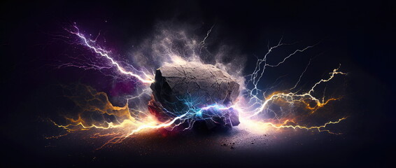 Struck by a groundbreaking idea. The moment a ground break strikes concept. a boulder or earth breaking with blue and orange sparks or energy. Generative AI.