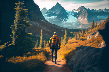 Fototapeta premium a person hiking in the mountains surrounded by a beautiful scenery with trees, clouds and beautiful sun rays