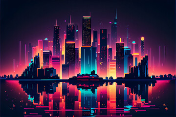 Skyline of a huge city with lots of skyscrapers at nighttime created with generative AI