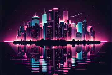 Skyline of a huge city with lots of skyscrapers at nighttime created with generative AI