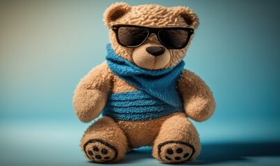  a teddy bear with sunglasses and a scarf around its neck.  generative ai