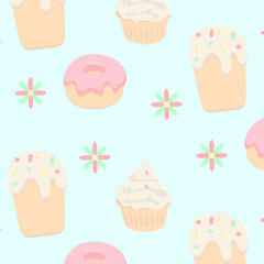 seamless vector pattern with easter sweets and flowers, cupcakes, donuts, pastries, backing, holiday, celebration, spring, background,  design, icon, wallpaper, for print, textile, gift card, pastel