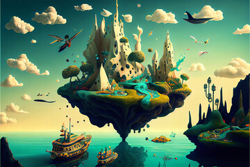 a magical island floating in the sky with mystical creatures and mystical trees with water, generative ai