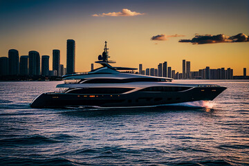 Fototapeta na wymiar Yacht in sea against the backdrop of skyscrapers buildings in Miami. Yacht motorboat in sea on sunset. Yachting sport in Florida. Super yacht in ocean, Ai Generated Illustration.