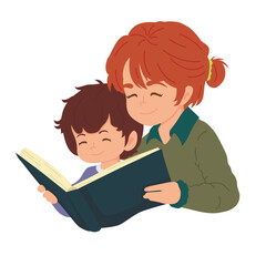 Booklover concept with smiling woman telling and reading a storybook to her son. Little boy reading a storybook with his mama. Mother spending happy family time with her child. Hand-drawn vector.
