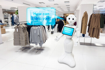 Artificial intelligence robot as personal shop assistant greets customers at retail store