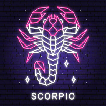 Zodiac astrology horoscope neon sign scorpio linear design. Vector illustration. Elegant line art neon symbol or icon of scorpio esoteric zodiacal horoscope templates promotion for logo or poster