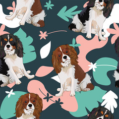 Cavalier king charles spanieldog wallpaper with leaves, palms, flowers, plants. Pastel green, pink, navy. Holiday abstract natural shapes. Seamless floral background with dogs, repeatable pattern.