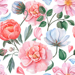 Vintage watercolor botanical seamless pattern on white background. Colorful hand-drawn pink and blue wild flowers. Floral art for textile, decor and wrapping paper.