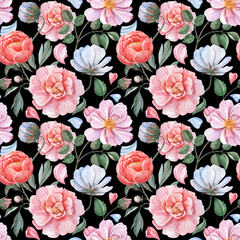 Vintage watercolor botanical seamless pattern on black background. Colorful hand-drawn pink and blue wild flowers. Floral art for textile, decor and wrapping paper.