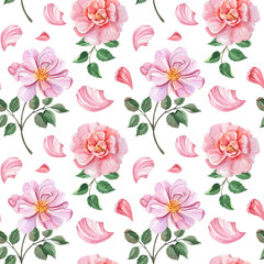 Spring watercolor seamless floral pattern in rose colors. Pink flowers of peony and anemone with leaves and petals on white backgroud. Illustration in vintage style for textile, decor, wrapping paper